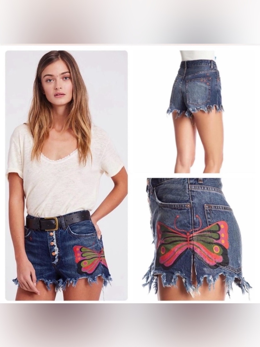 We The Free Dark Blue Denim Shorts with Pink & Green Butterfly AZ1350